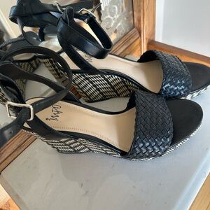 Impo Black and White Woven Wedge Sandals